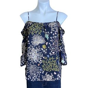 HAIL3Y:23 Floral Cold Shoulder Top with Ruffle Sleeves Navy Womens Size XS